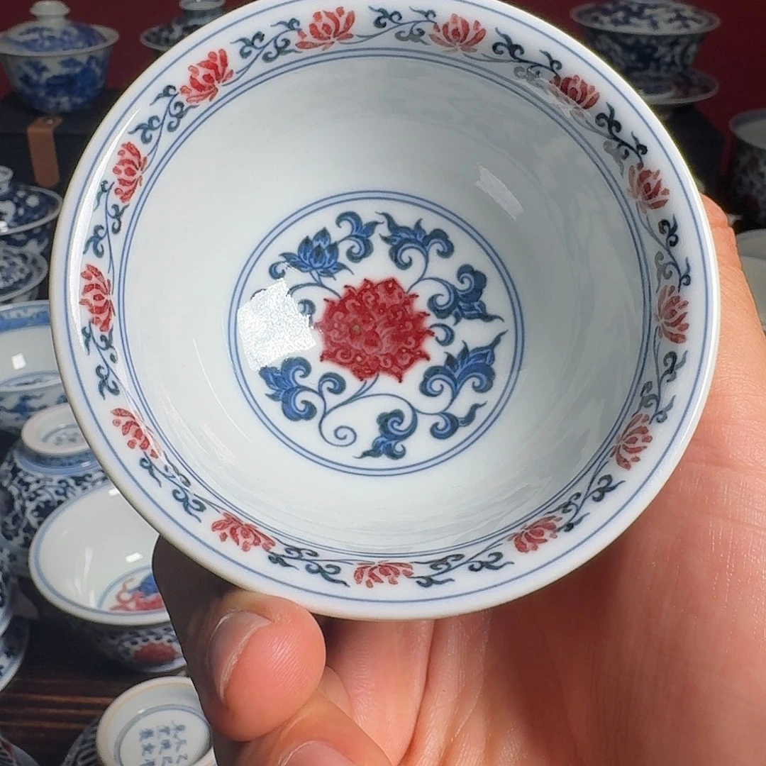 摆件柴窑青花釉里红四季花压手杯