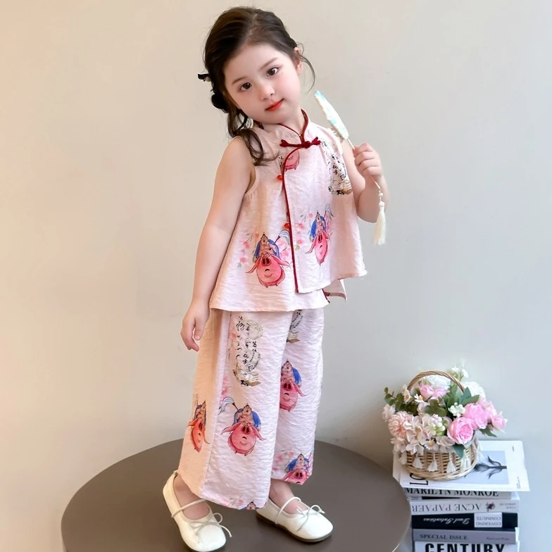 夏季国潮女孩新中式夏装薄款两件套可爱儿童旗袍女童复古汉服套装