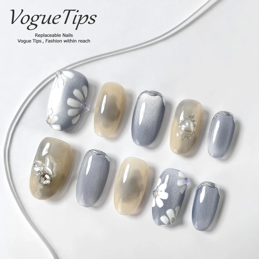 VogueTips 蓝花贝语手工短款穿戴甲简约ins风假指甲片短椭圆ZB614