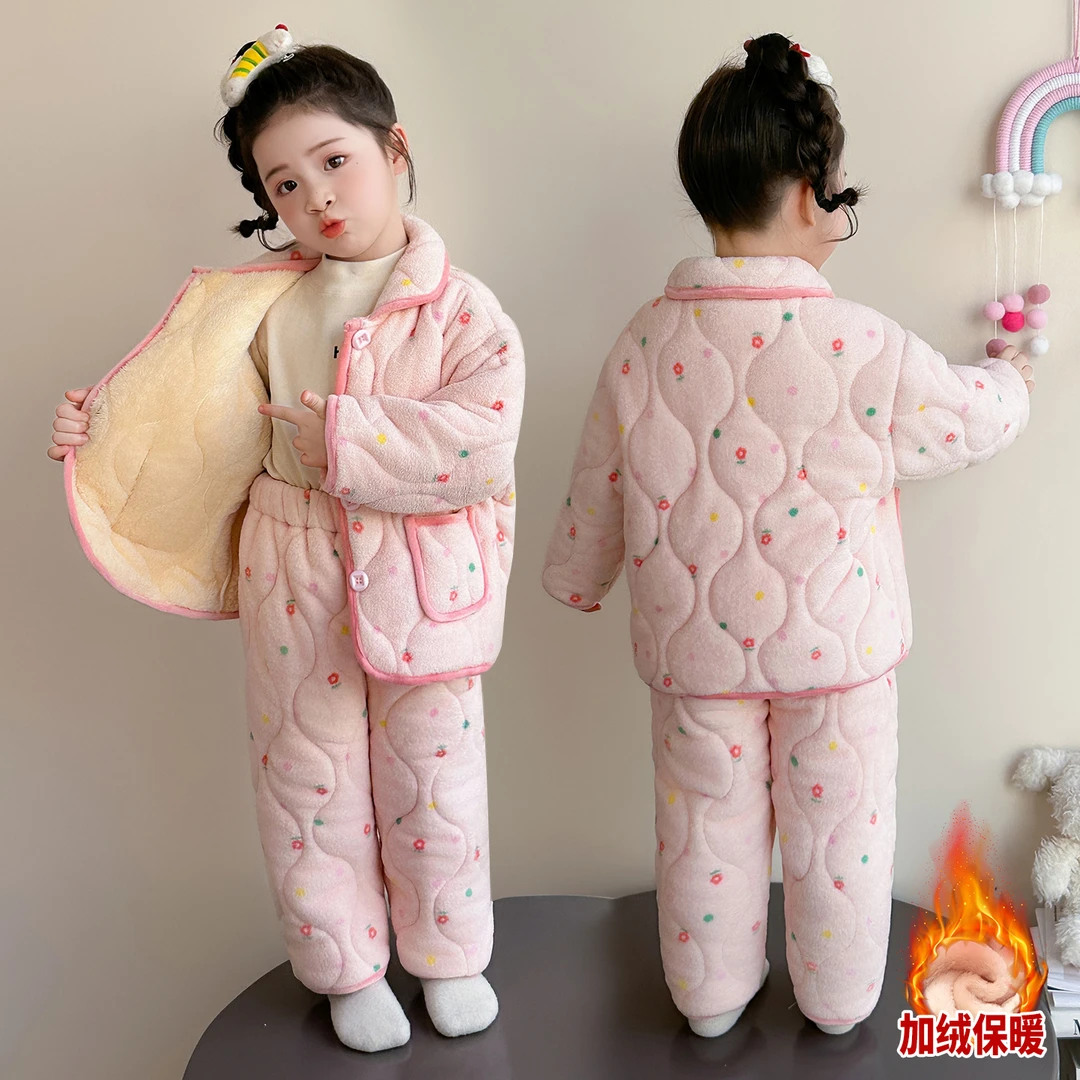 儿童加绒睡衣冬季三层夹棉女孩宝宝加厚棉衣套装女童法兰绒家居服