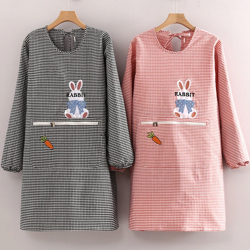 秋冬款长袖罩衣围裙女士厨房家用加厚涤棉工作服拉链口袋刺绣上班