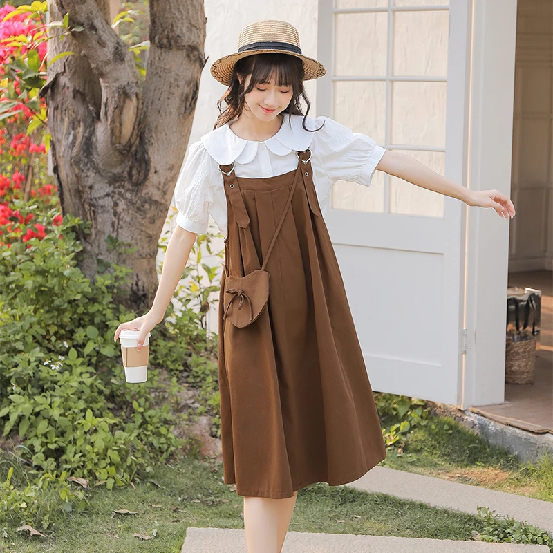 学院风日系甜美清新时尚套装背带裤背带裙宽松韩版吊带洋气