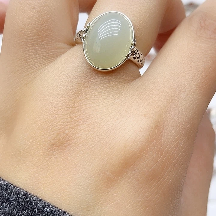 和田玉戒指银S925镶嵌天然