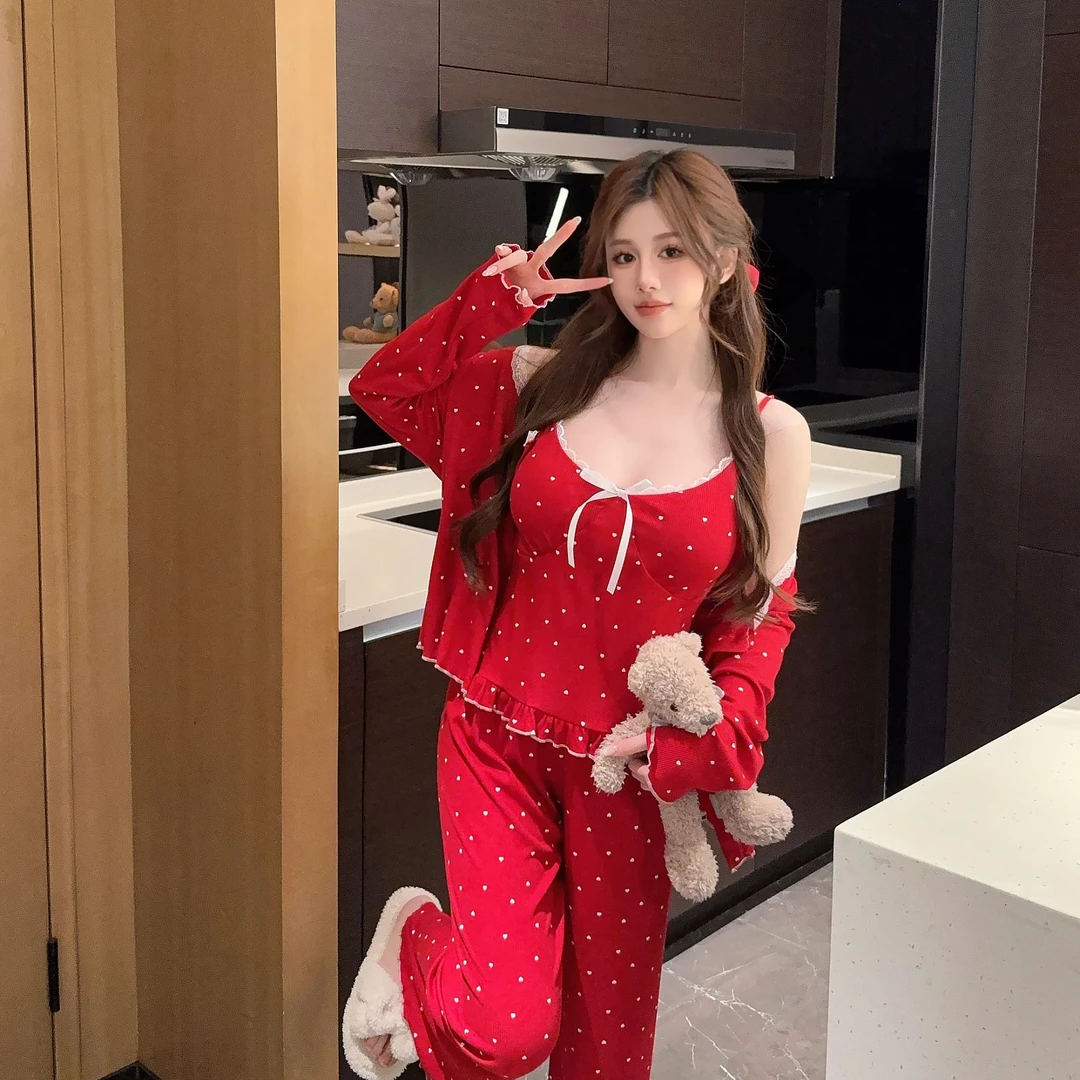 柔柔【爱心啵啵】长袖三件套高腰显瘦家居服睡衣女春季休闲