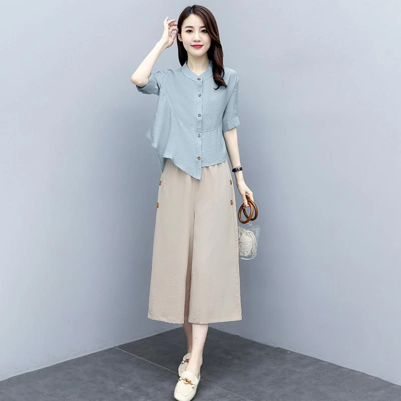 母亲节礼物棉麻套装女夏2025新款时尚洋气减龄妈妈休闲亚麻阔腿裤