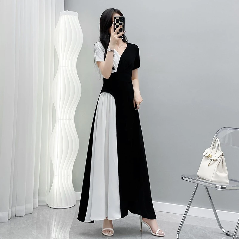 2025夏季新款黑白撞色长裙雪纺短袖V领长款裙子飘逸沙滩连衣裙女