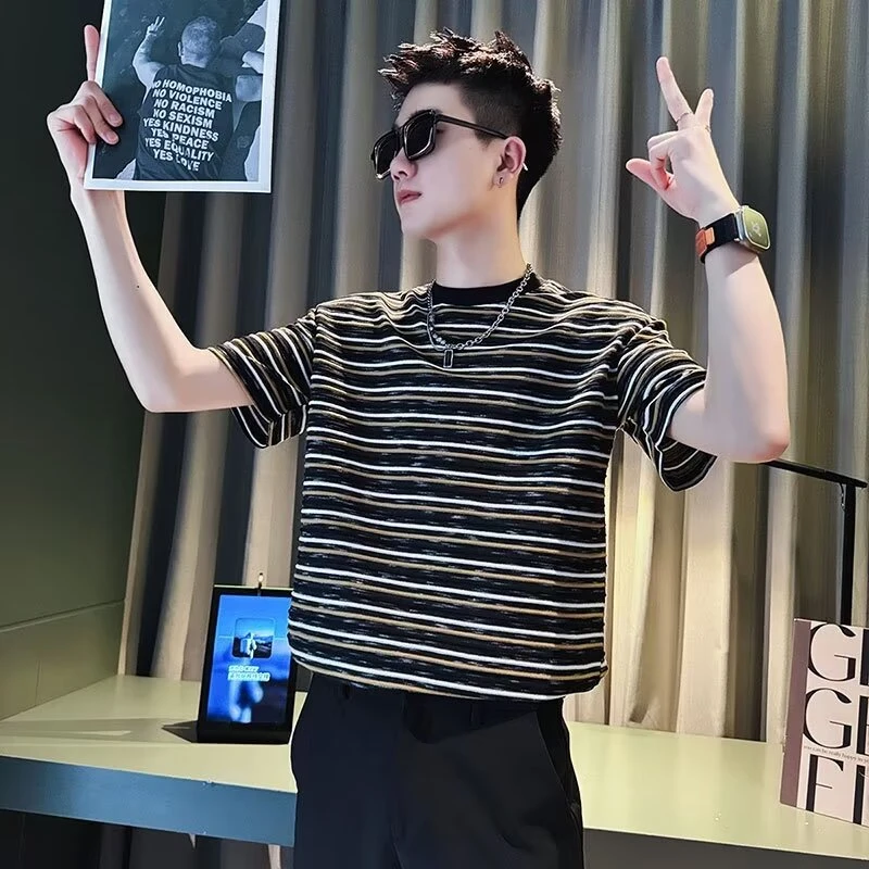 条纹短袖T恤男夏季ins潮牌男装上衣2025新款痞帅薄款潮流半袖体恤