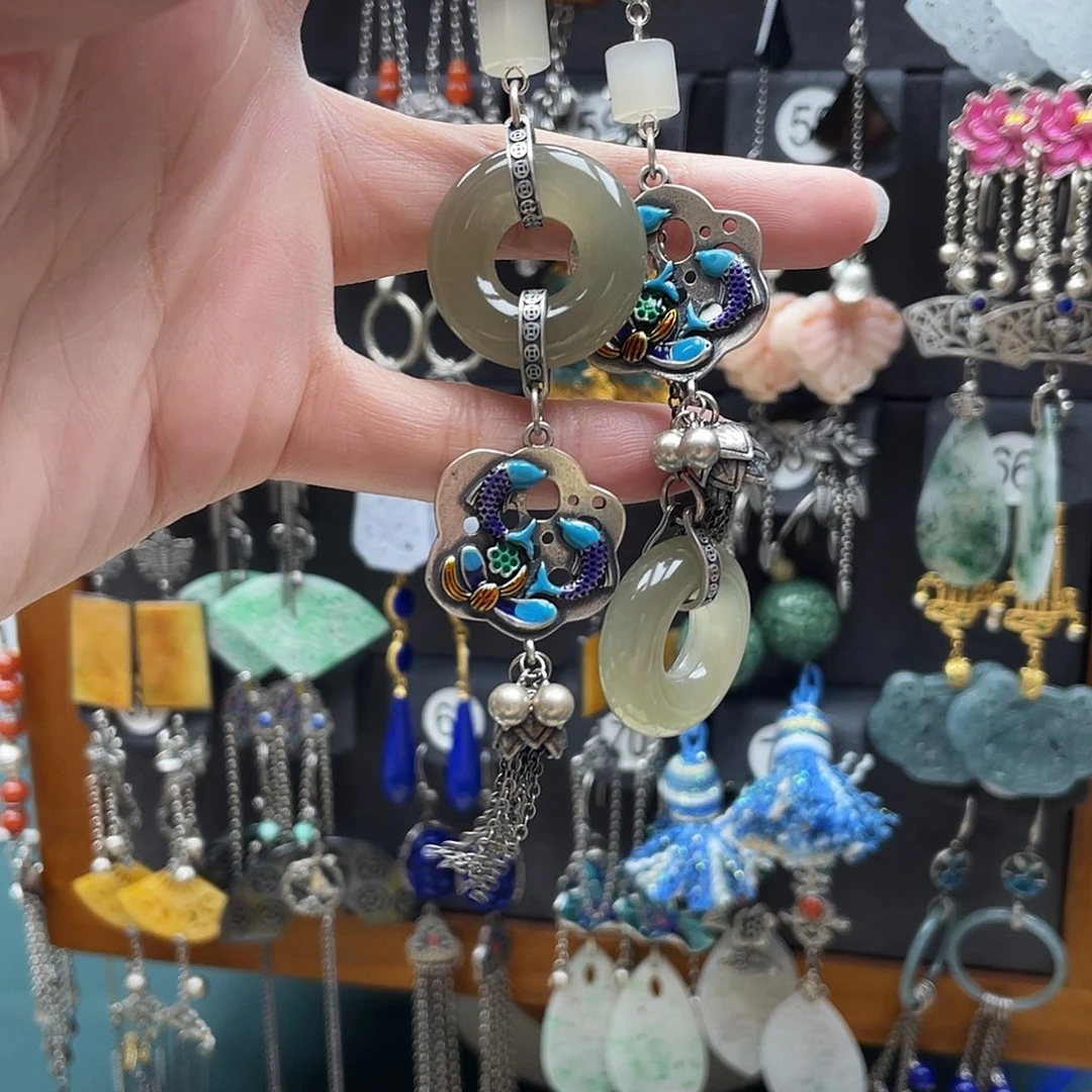 豫***）和田玉银S925镶嵌耳饰饰品