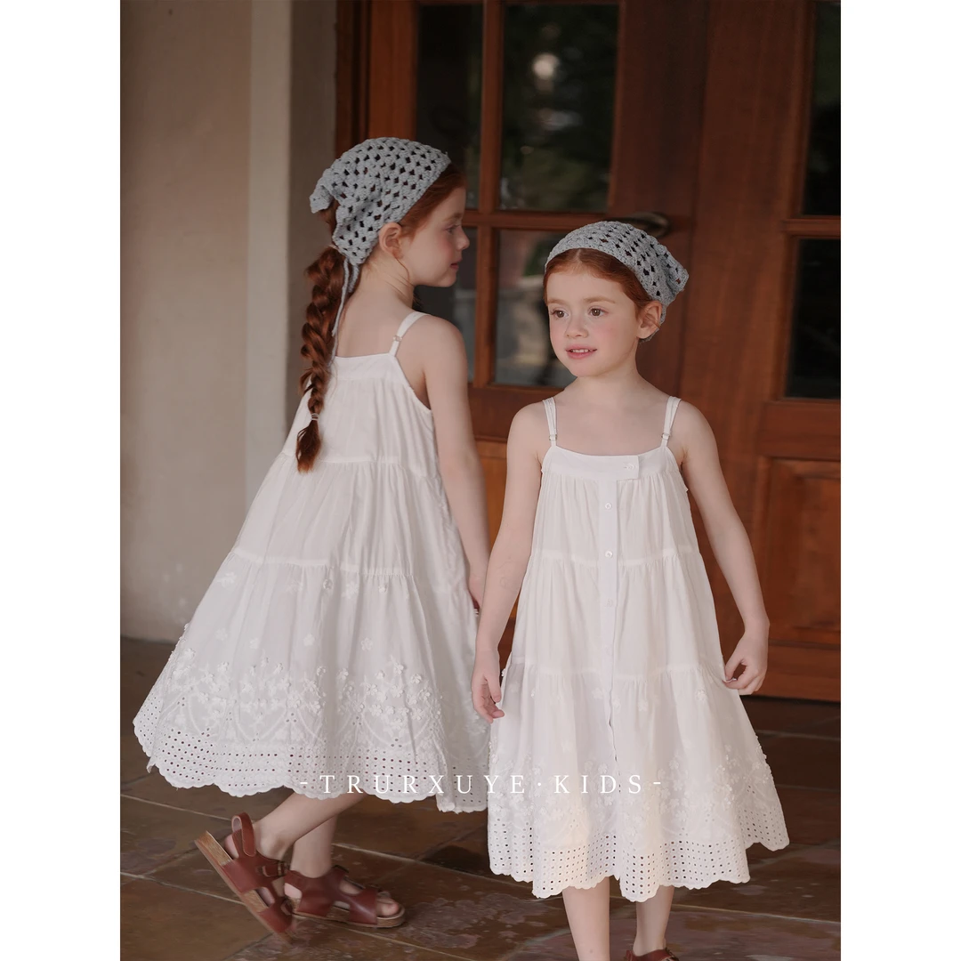 【清新夏日】初煦女童夏甜美立体刺绣花朵吊带裙 纯棉大摆连衣裙