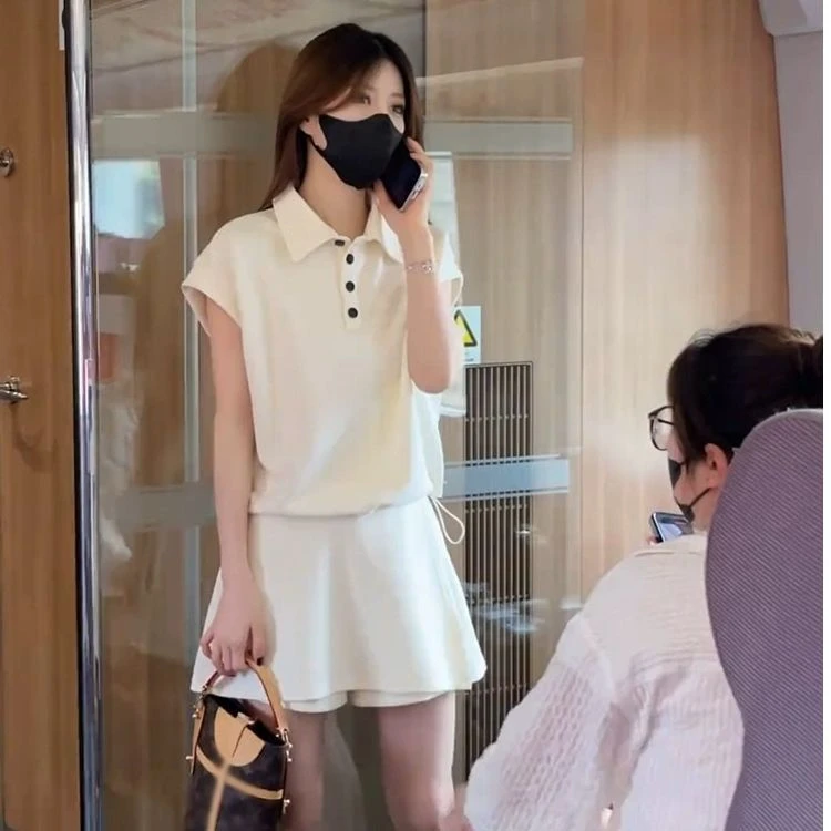 韩系米白色抽绳polo领无袖上衣+高腰裙裤女夏天休闲运动装两件套