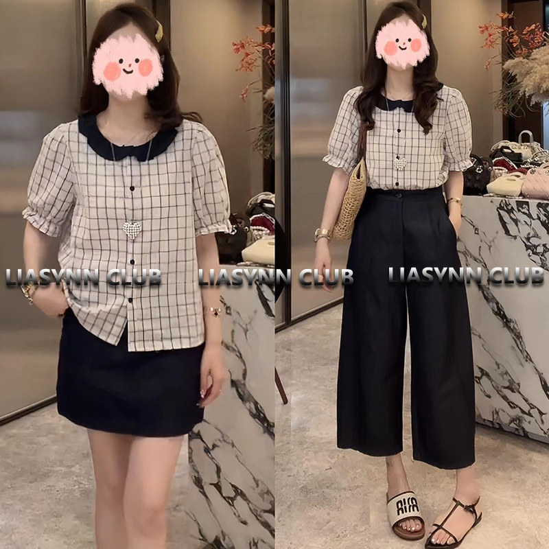 2025夏季时尚洋气休闲气质减龄格子上衣+裤子两件套显瘦套装百搭