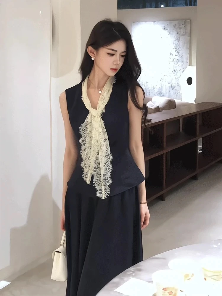 木子李的李千岁鹤归无袖蕾丝收腰显瘦a字半身长裙LL9558