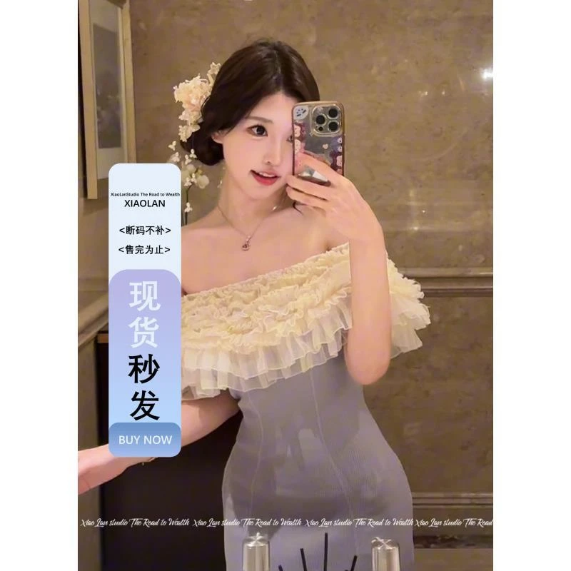 小岚同学「茉香风浅」显瘦气质短款性感夏季小众一字肩设计感连衣裙