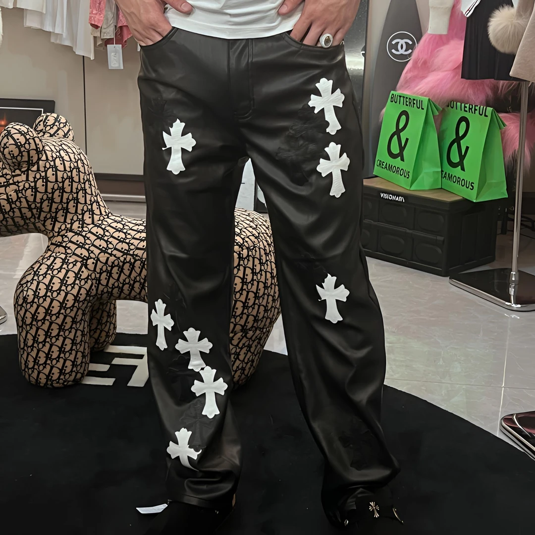 十字架四季通用皮裤宽松男女网红百搭个性直筒裤