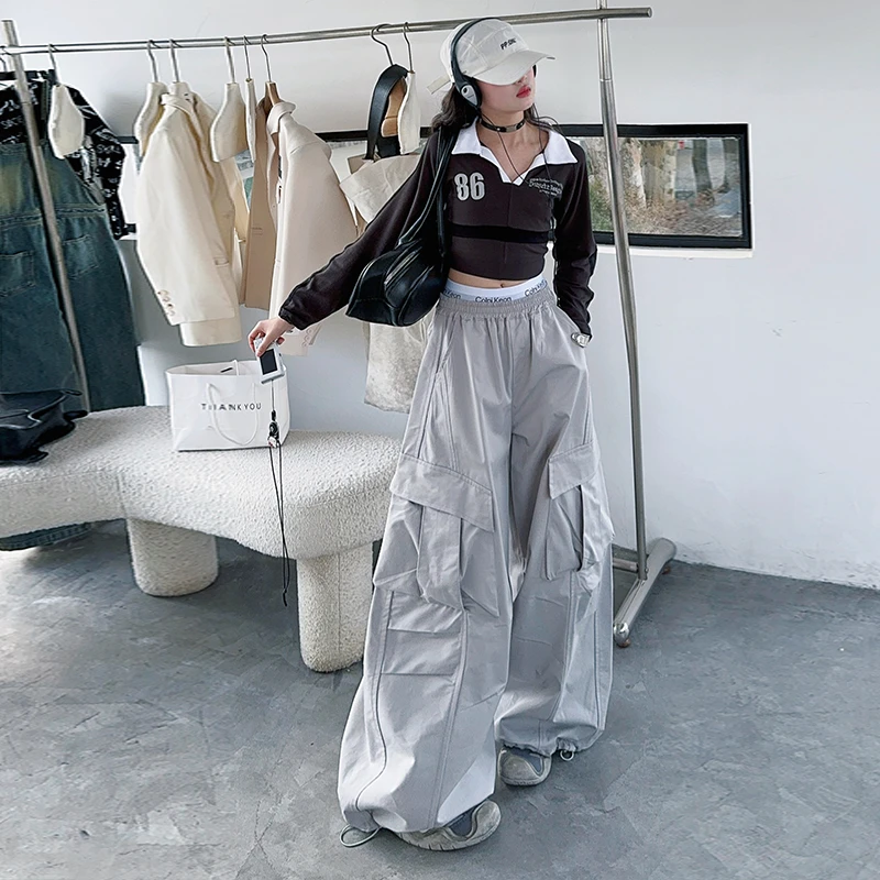 女童美式工装裤春秋POLO衫V领T恤中大童休闲宽松高腰伞兵阔腿裤潮