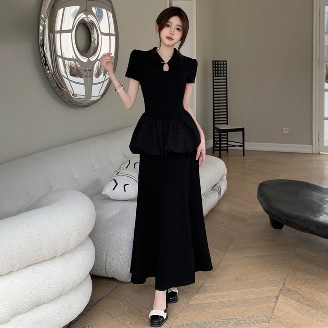 大码胖mm新款洋气收腰显瘦长裙子夏季黑色新中式气质短袖连衣裙女