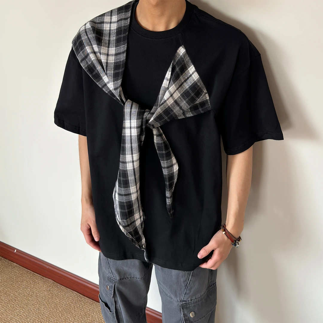 布老哥Blog美式复古小众设计感格子披肩短袖宽松百搭通勤T恤D196