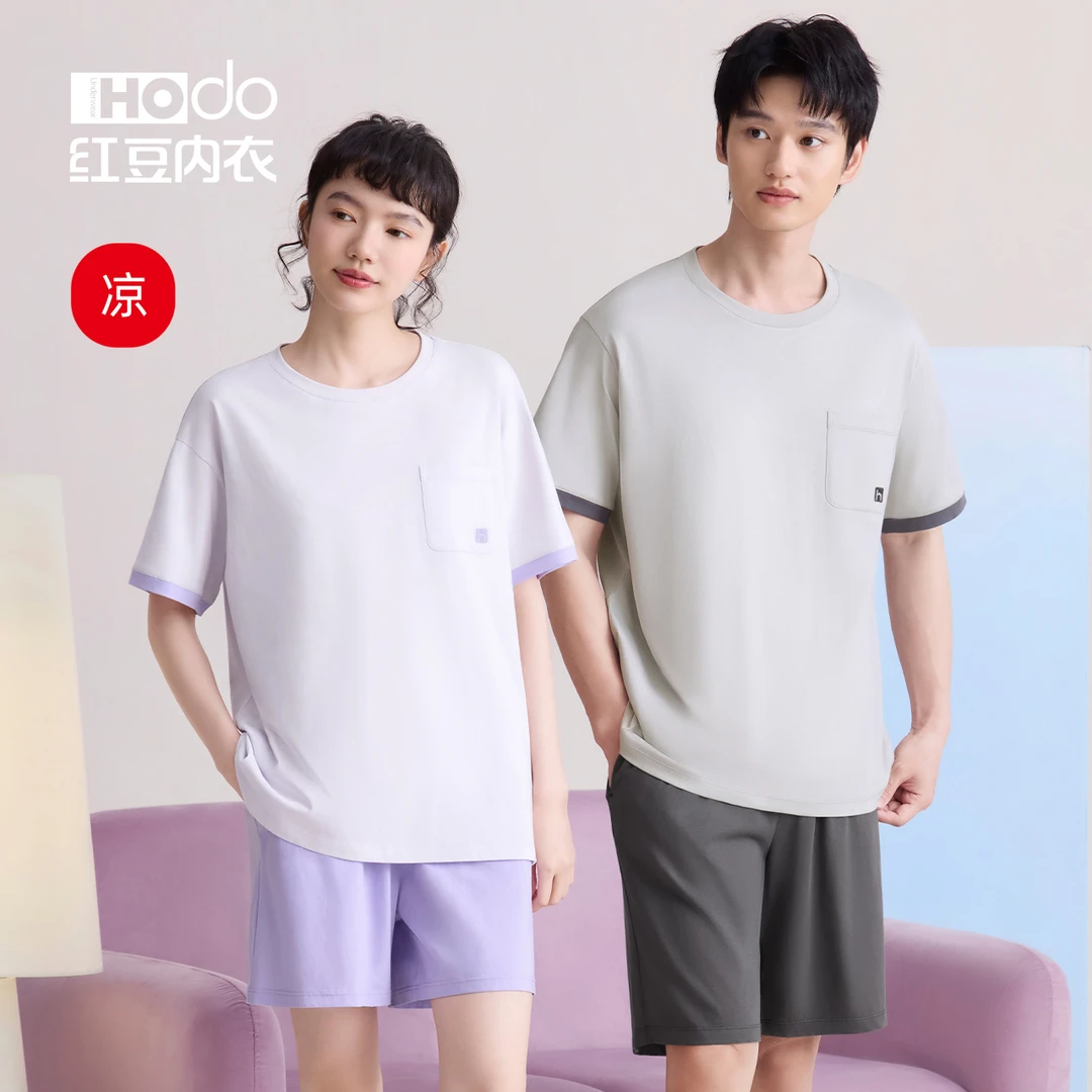 红豆纯棉睡衣短袖女夏薄款套装男士可外穿套头宽松休闲凉感家居服