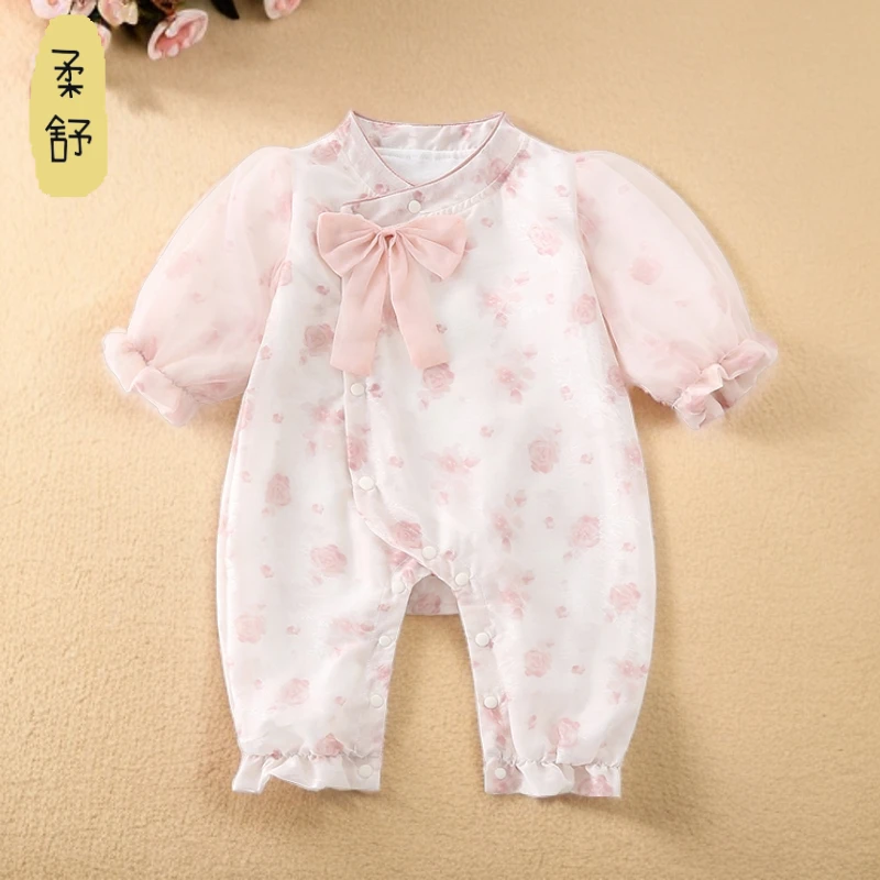 婴儿春装连体衣女宝宝秋季哈衣公主双层新生儿淑女外出服春秋爬服