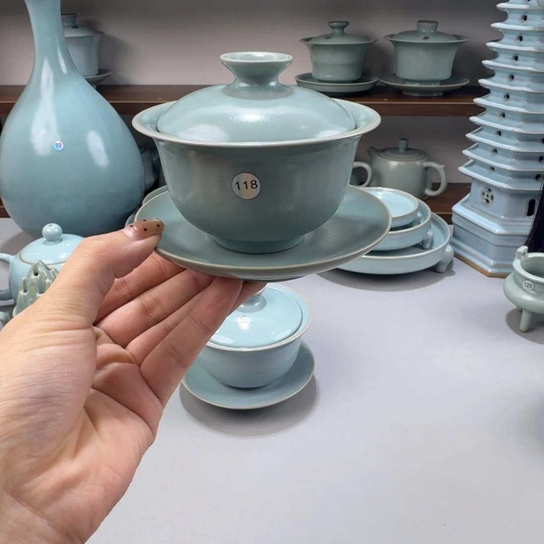 摆件陶瓷二级汝窑仿古釉三才元宝盖碗编号118