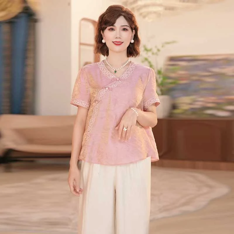 新中式妈妈装设计感粉色短袖上衣2025年夏季新款大码薄款衬衣套装