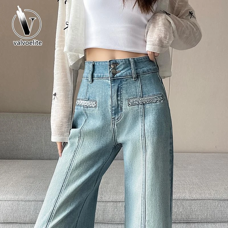 VALVOELITE弹力阔腿牛仔裤女新款夏薄款烫钻设计感宽松直筒拖地裤