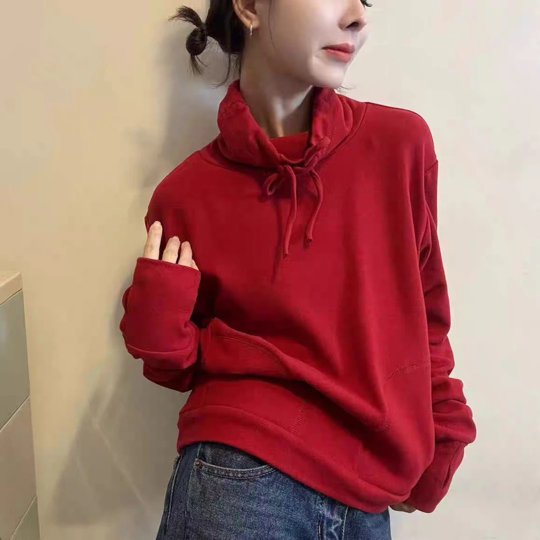 HMY冬新款洋气双面德绒保暖发热宽松卫衣长袖高领T恤上衣女31182