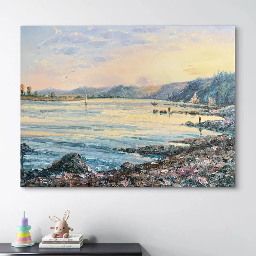 《湖岸暮色》50*60含内框，刘春建手绘油画装饰画，客厅背景墙挂画
