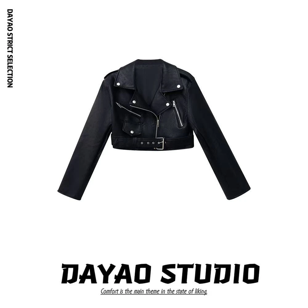 【罗马假日】短款翻领拉链皮衣夹克外套女