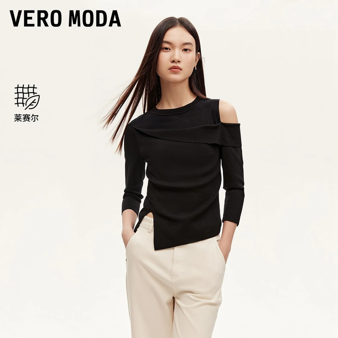 Vero Moda针织衫商场同款女露肩假两件七分袖圆领开叉气324324038