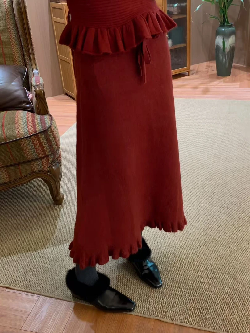 InaChou秋冬知性优雅木耳花边松紧腰纯色半身裙裙子