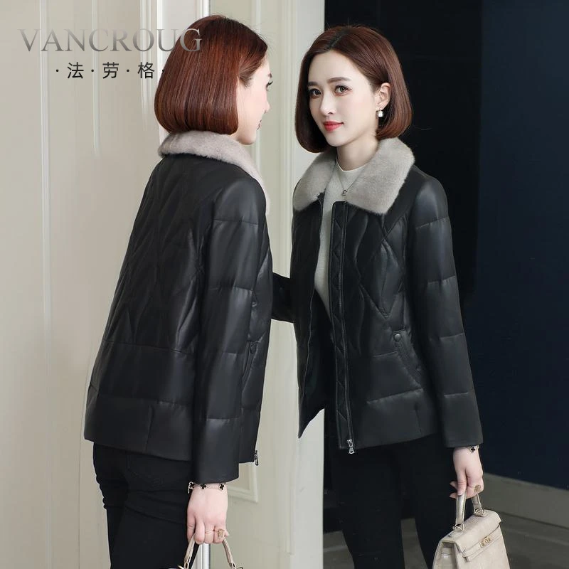 法劳格真皮羽绒服女2025冬季新款水貂毛领鹅绒服海宁绵羊皮夹克外