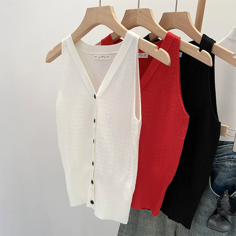 港味复古通勤领薄款无袖针织马甲开衫女春夏新款高级感上衣