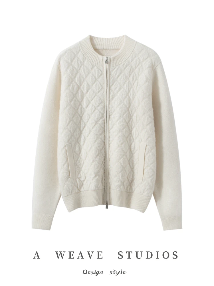 【吐司小棉袄】100%纯山羊绒空气层重磅加厚开衫菱形格拉链羊绒外套