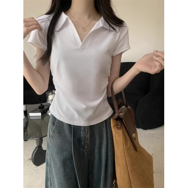 夏季新款正肩POLO领短袖T恤女设计褶皱收腰显瘦纯欲辣妹短款上衣