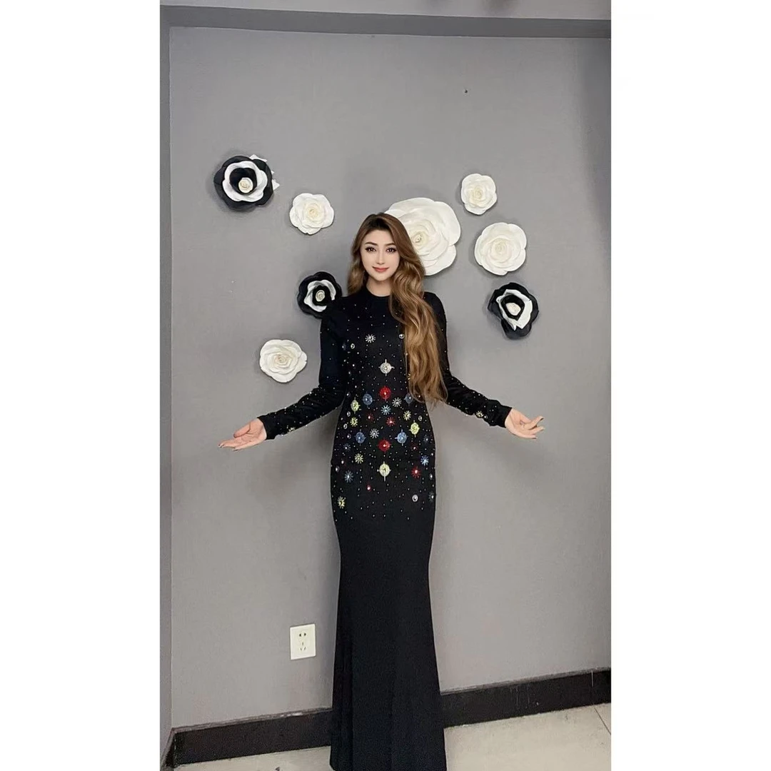 9905【包邮】气质时尚彩色烫钻显瘦显瘦女装连衣裙