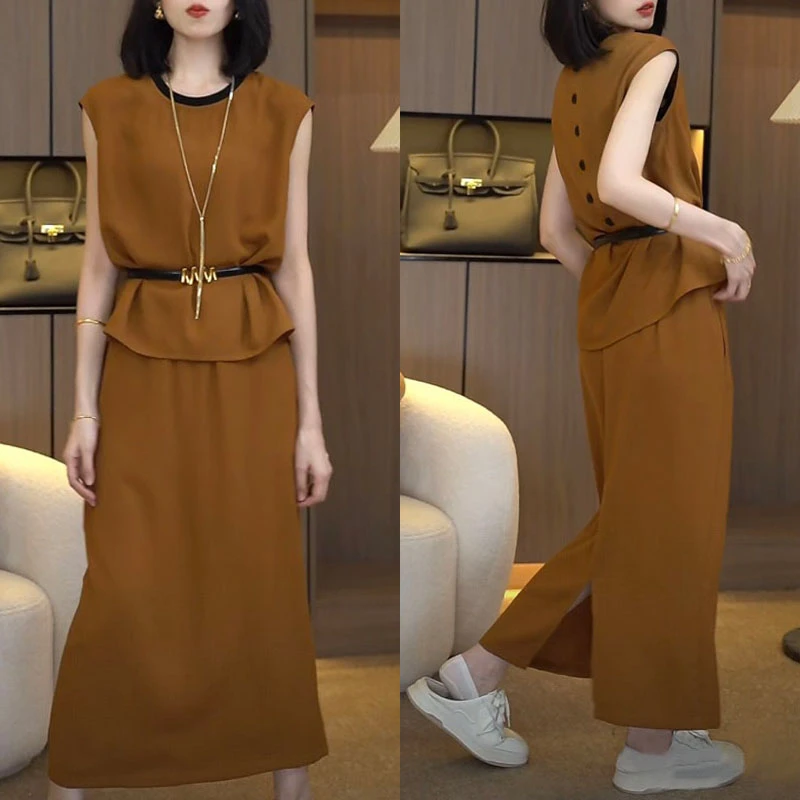 香朵儿设计感优雅气质套2025夏季纽扣设计上衣休闲显瘦长裙两件套