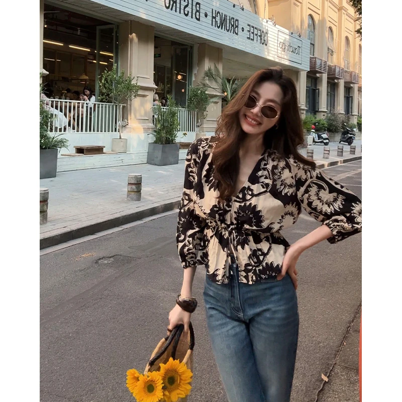 【ALONE SAVOR】龍喜儿 花影 复古亚麻印花短袖宽松衬衫小衫Z240