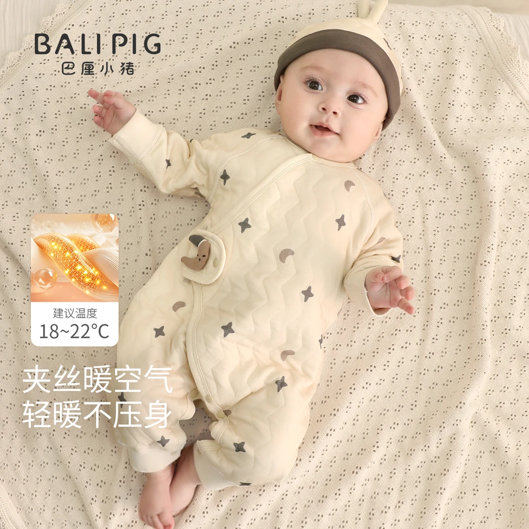 新生婴儿衣服秋冬夹丝加厚哈衣初生儿加绒保暖产房无骨宝宝连体衣