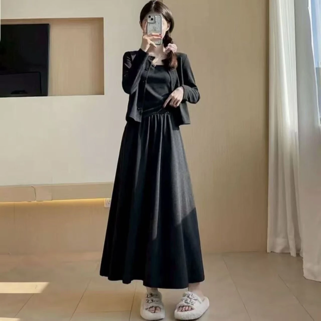 三件套裙子套装穿搭裙女高级感韩系气质针织开衫吊带半身裙子