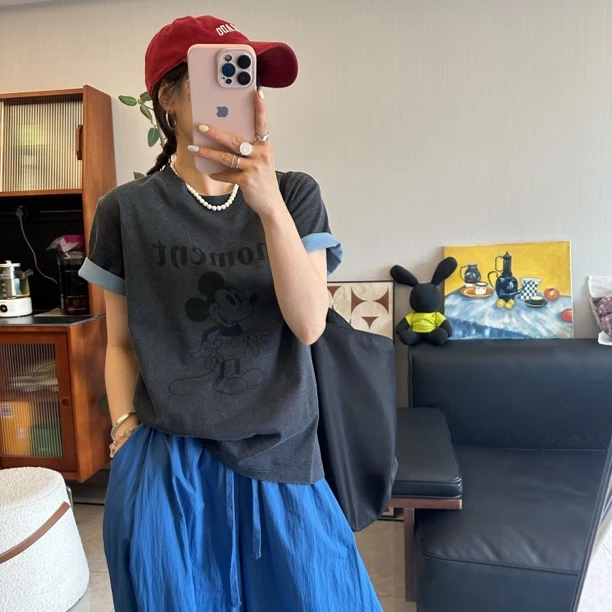 qiqi/琦琦推荐 韩版显瘦时尚百搭经典米奇图案印花短袖T恤