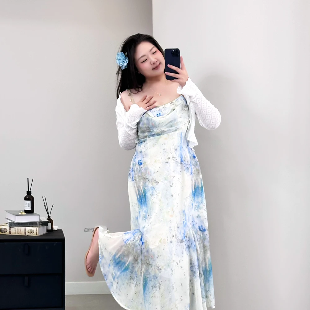 【岩心】大码女装300斤胖MM法式高级感甜美吊带裙针织开衫套装66768