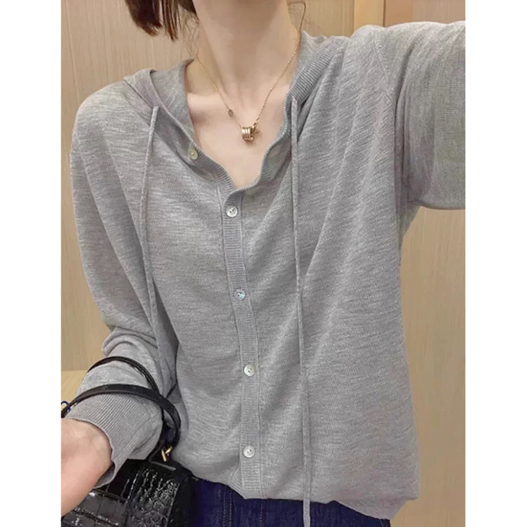 丽丽家~灰帽衫显瘦长袖针织夏季薄款连帽宽松上衣