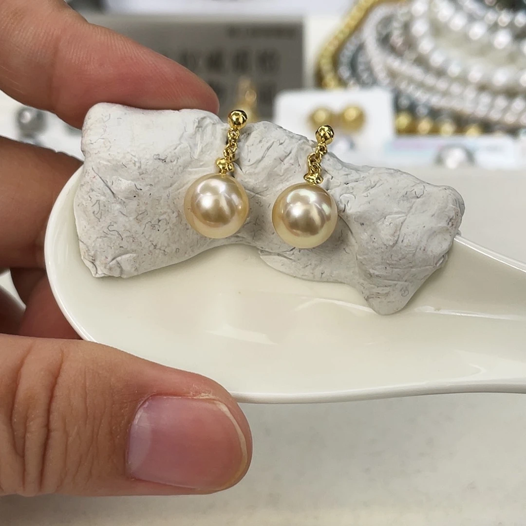 海水珍珠耳饰18K金镶嵌凌*9-10金珠对珠定制