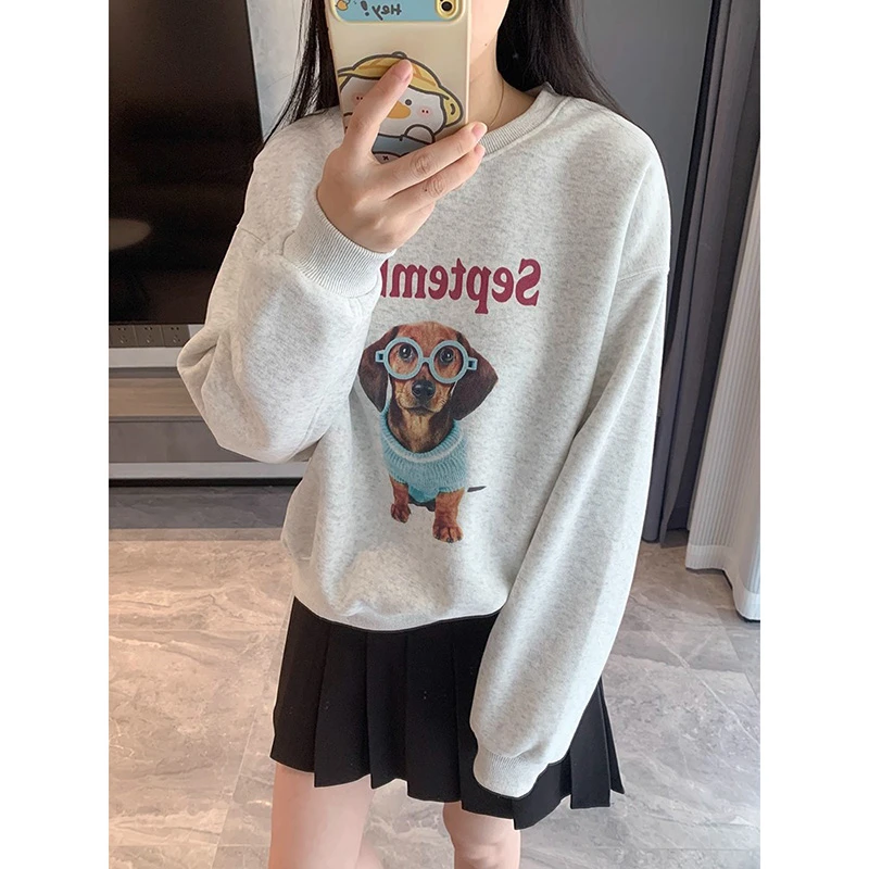 大码300斤灰色卫衣女2025新款美式复古春秋薄款无帽圆领套头上衣