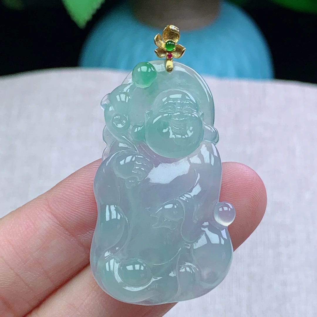 s缅甸天然翡翠A货44.8-25.7-5.6玉石冰种飘绿布袋佛吊坠礼物冰透