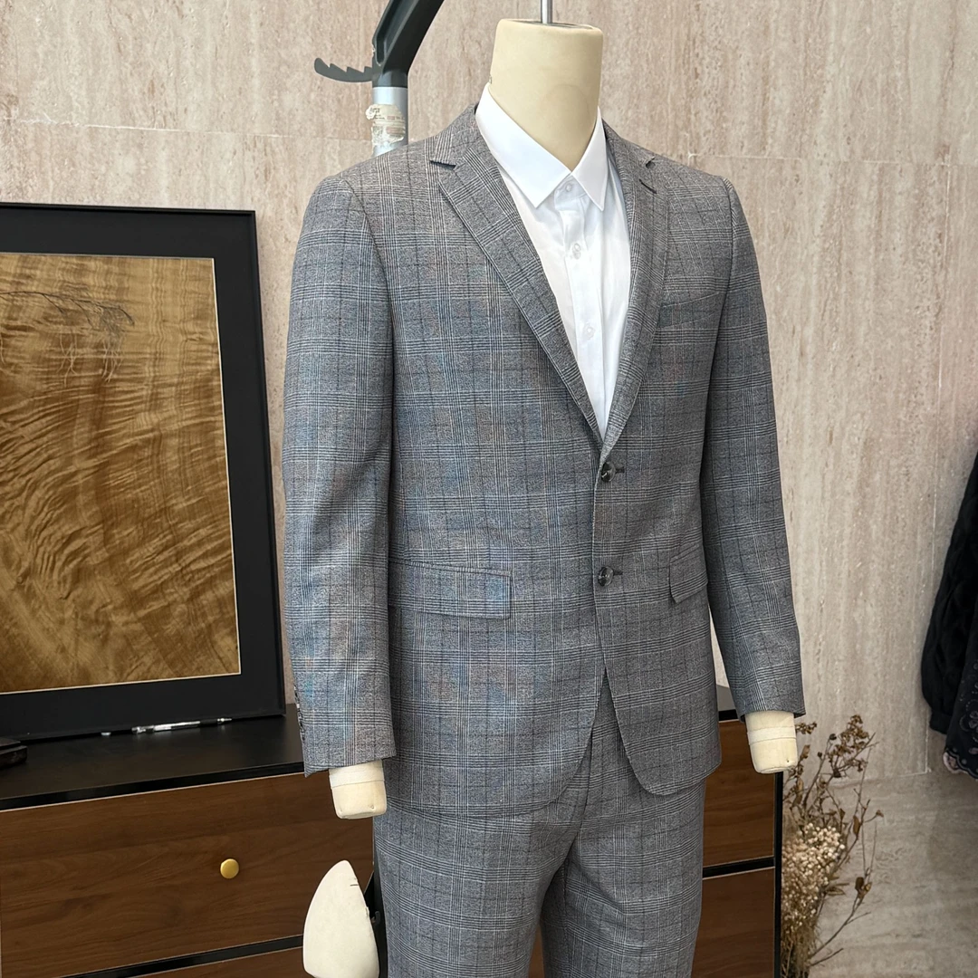 Yi SHANG/弋尚修身西服轻奢男士灰色格子西装套装正装商务格纹