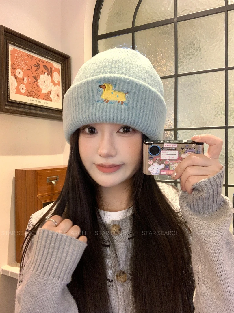 可爱刺绣小狗毛线帽女秋冬新款韩系百搭冷帽保暖针织帽大头围帽子