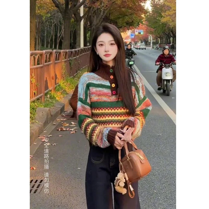 撞色条纹高领费尔岛毛衣女款2024新款秋冬季加厚慵懒高级感针织衫