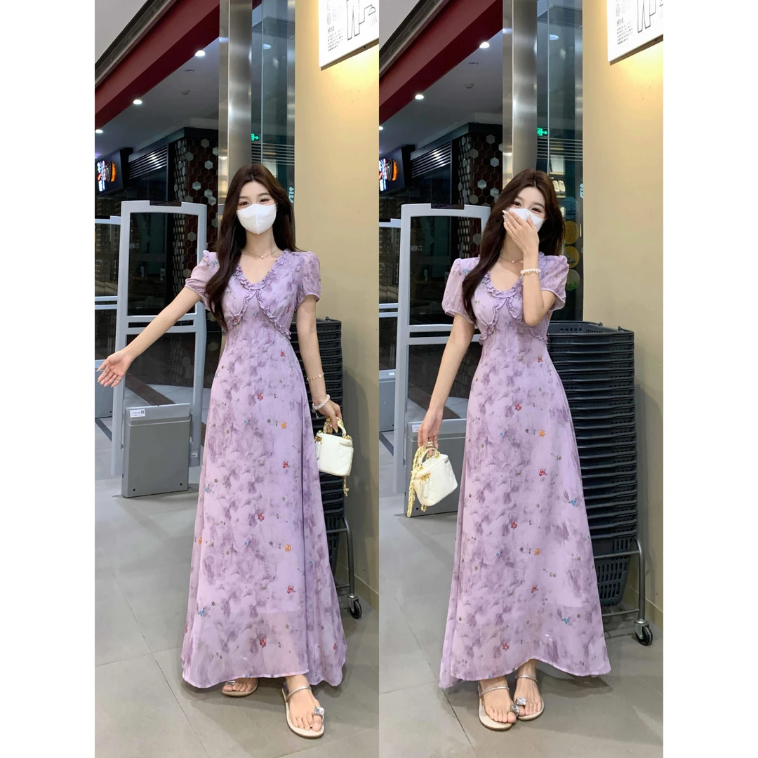 实拍~ 夏季新品紫霞仙子碎花气质显瘦中长茶歇裙